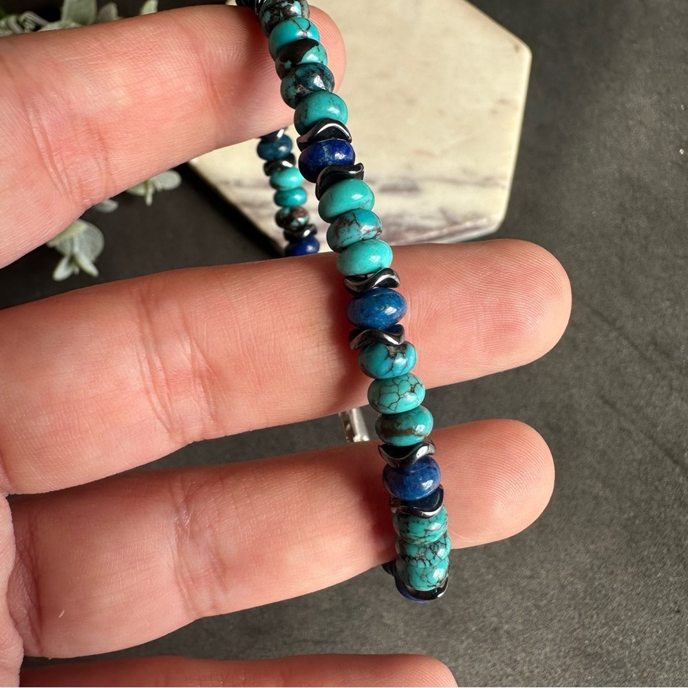 Turquoise and Lapis Lazuli Beaded Bracelet Sterling Silver - Picture 3 of 3